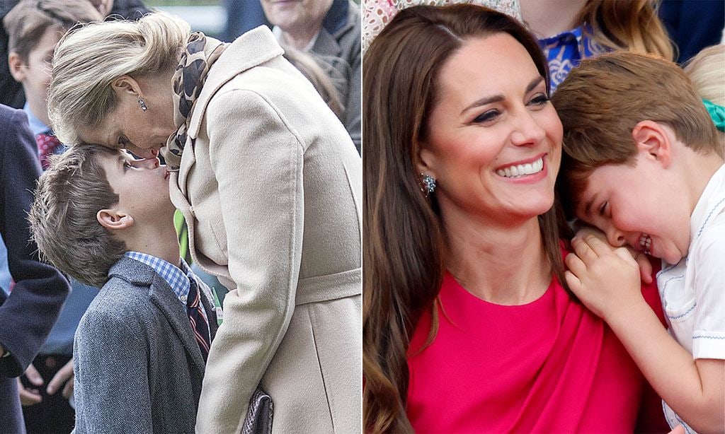 A split image of Earl James and Prince Louis cuddling their mothers