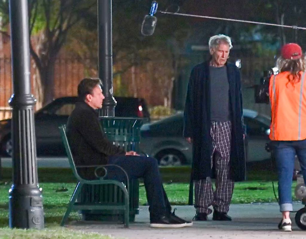 Jason Segel and Harrison Ford are seen on the set of 'Shrinking' on June 6, 2024 in Pasadena, California. (Photo by MEGA/GC Images)