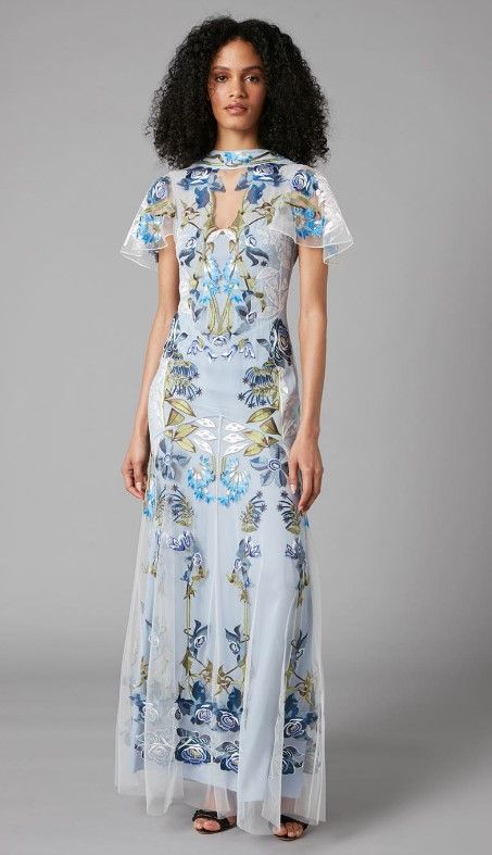 Temperley London Lucille dress in blue tulle with floral embroidery