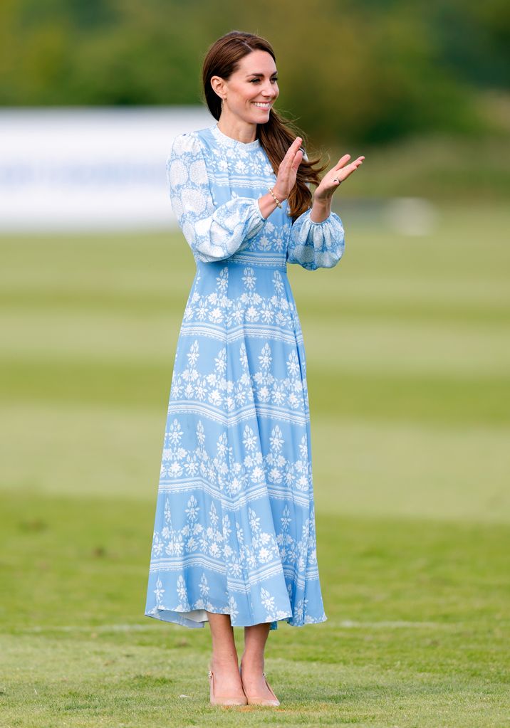 kate middleton in blue printed dress at polo cup 2023 