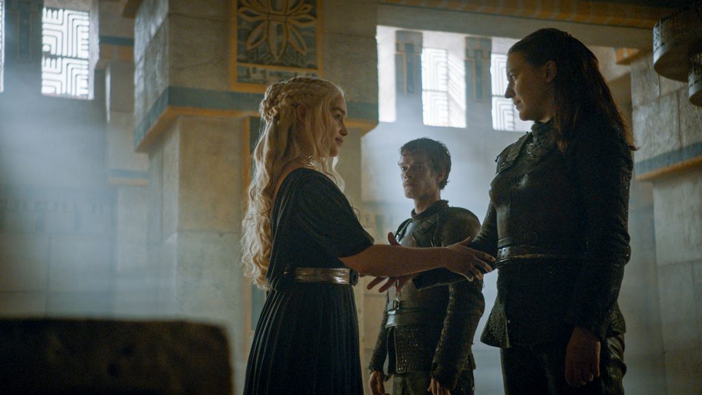Emilia Clarke as Daenerys Targaryen, Alfie Allen as Theon Greyjoy, and Gemma Whelan as Yara Greyjoy in Game of Thrones