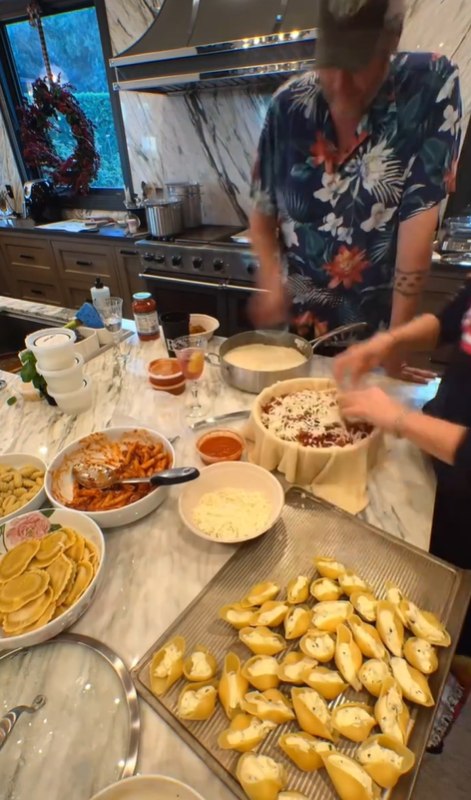 Blake Shelton in their kitchen at their Californian home