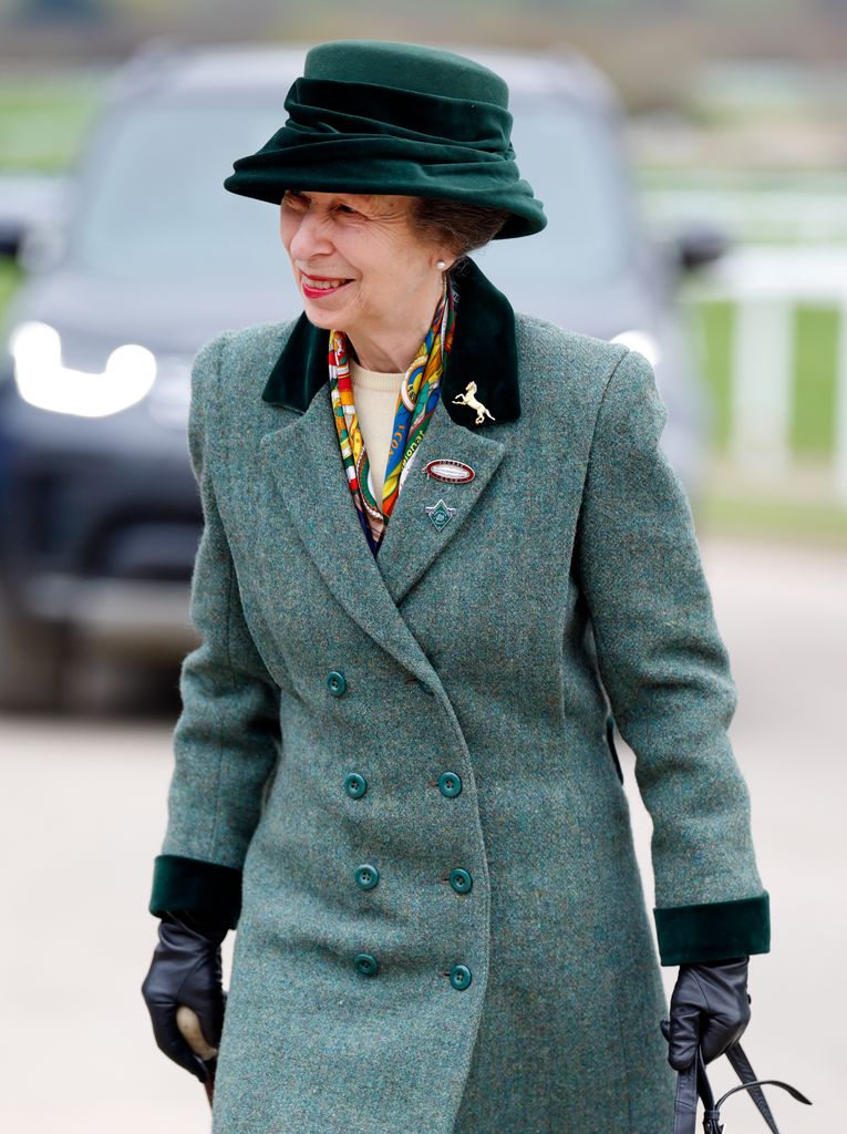 Princess Anne, Princess Royal attends day 3 'St Patrick's Thursday' of the Cheltenham Festival at Cheltenham Racecourse on March 14, 2024 in Cheltenham, England. 
