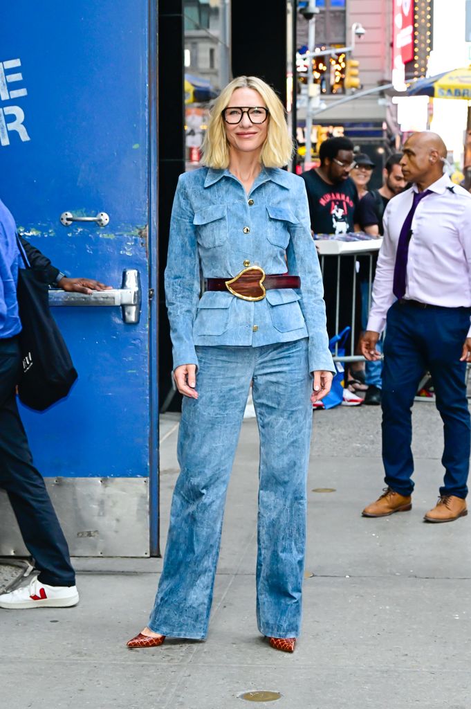 Cate Blanchett hit the streets of NYC in a Seventies-inspired denim-look, suede ensemble