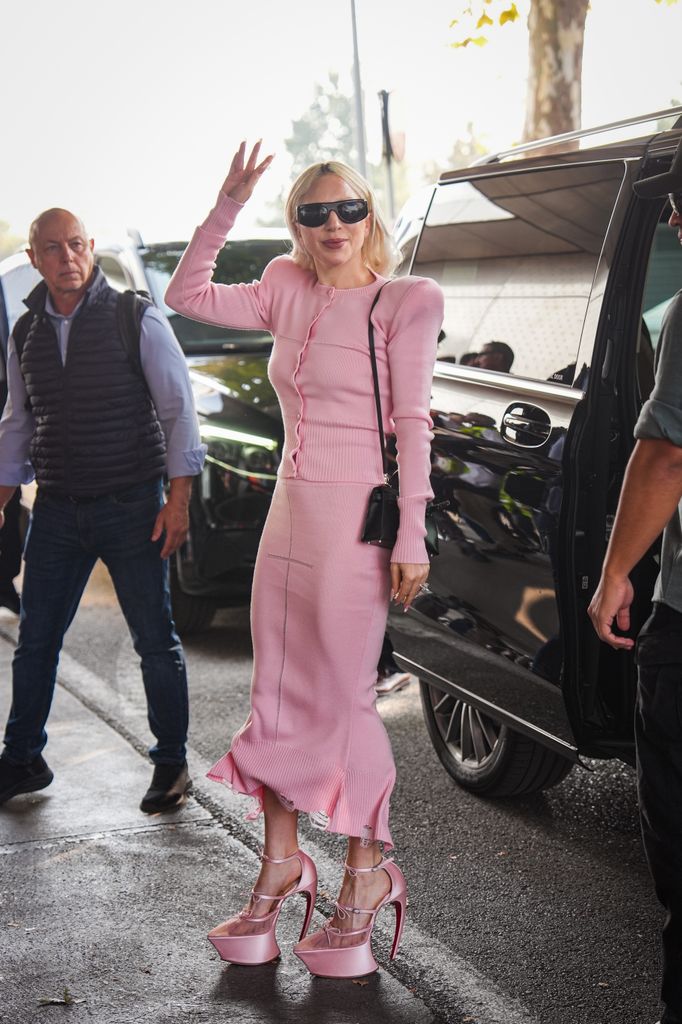 Lady Gaga arrives at Milan airport after 2 days of the filming of "The Devil Wears Prada 2" on October 11, 2025 in Milan, Italy