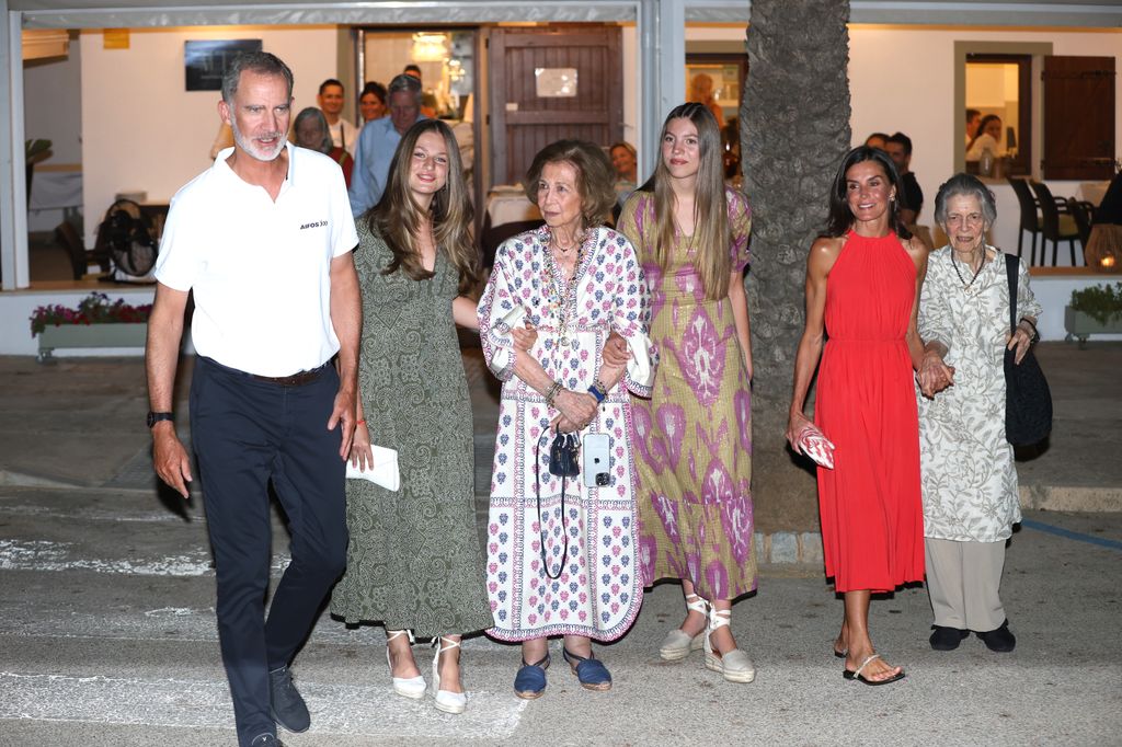 King Felipe VI, Princess Leonor, Queen Sofia, Infanta Sofia, Queen Letizia and Princess Irene leave a restaurant after a family dinner in Portixol, Palma de Mallorca, Spain