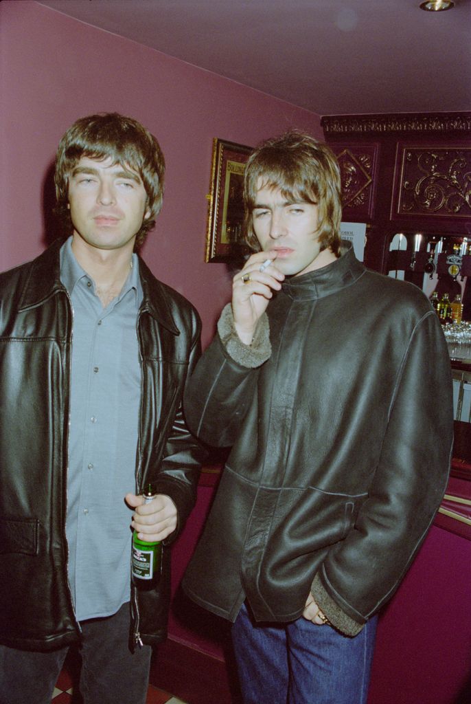 British musicians Liam and Noel Gallagher from the rock group Oasis at the Lyceum Theatre at Steve Coogan's show 