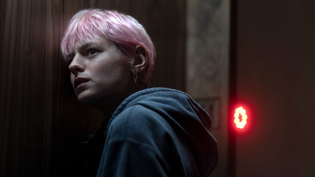 close-up young woman with pink hair