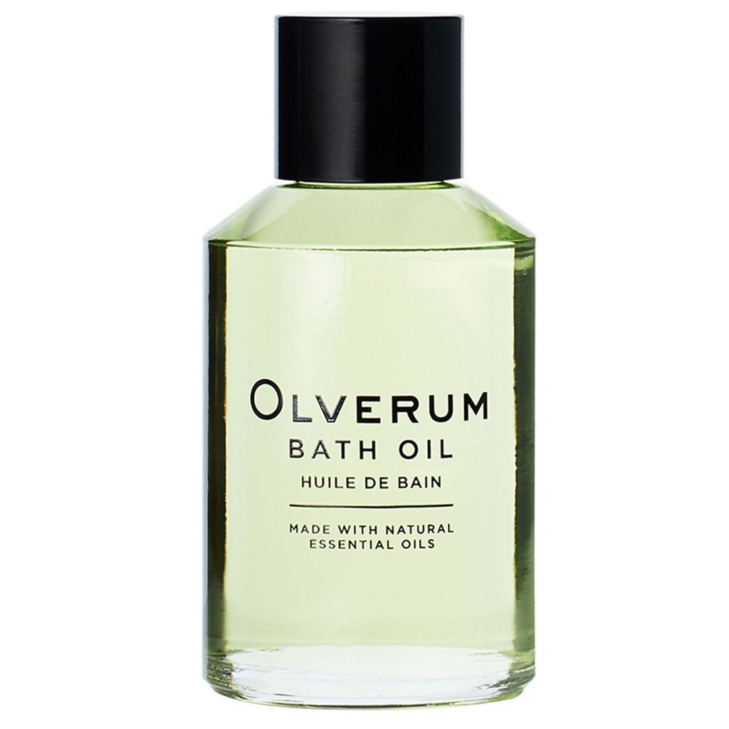 Olverum bath oil in green glass bottle