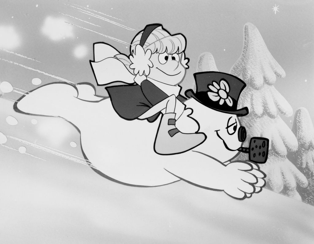 Still from the animated television Christmas special, "Frosty The Snowman," depicting Karen riding on Frosty's back, 1969