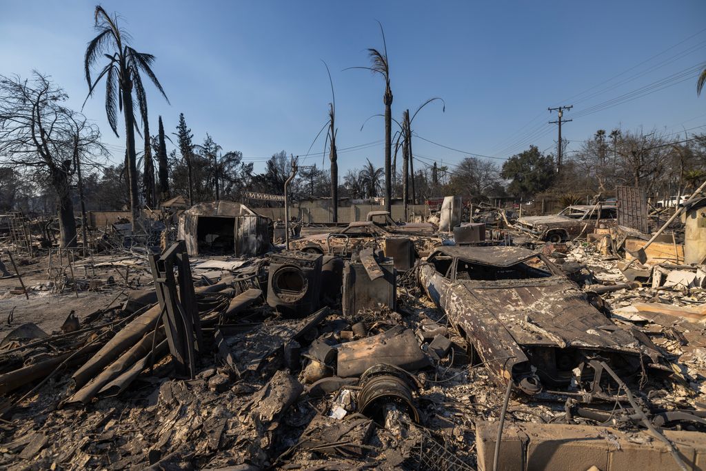 The ruins of many homes destroyed by the Eaton Fire are seen on January 10, 2025 in Altadena, California