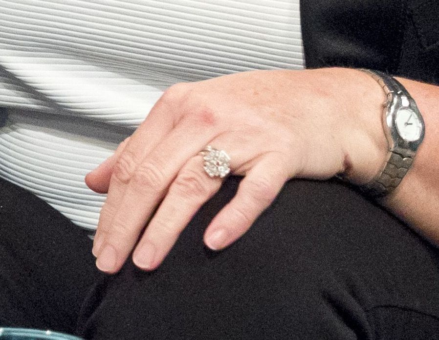 Fern Britton wearing a black suit and her engagement ring