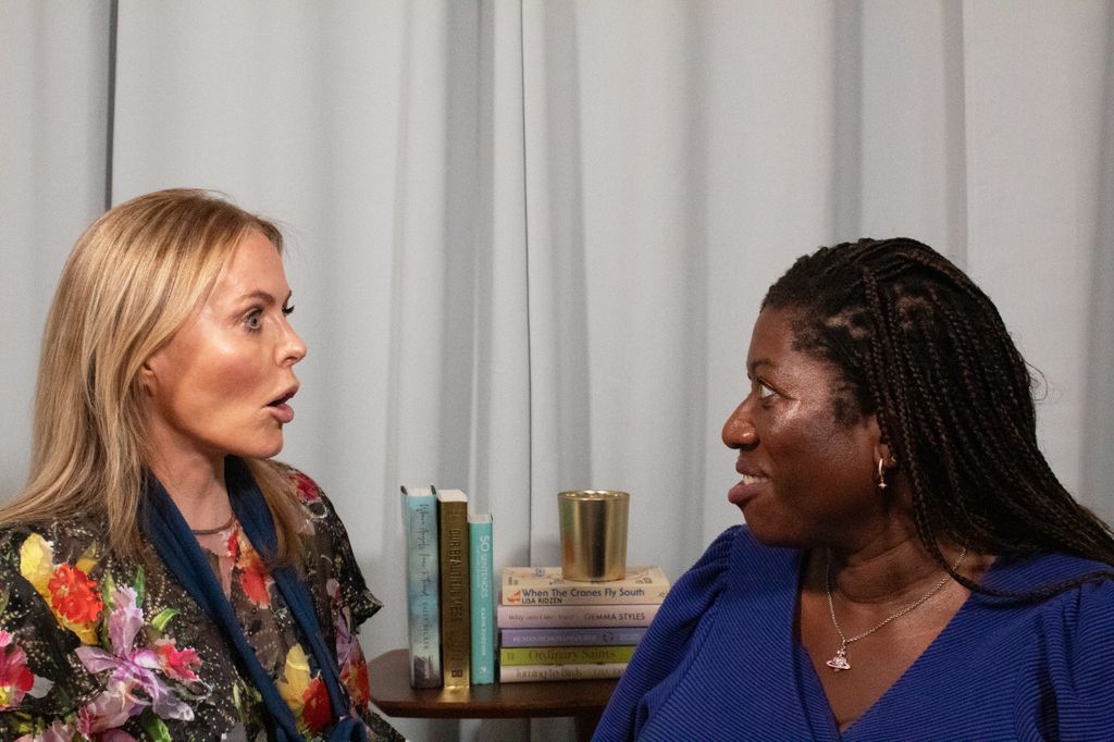 Patsy Kensit and Ateh Jewel looking aghast in a podcast studio