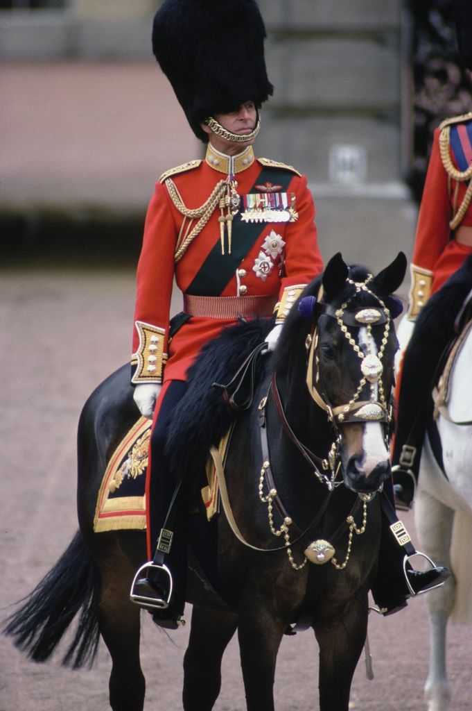 Prince Philip riding on horseback in the Trooping the Colour in 1980