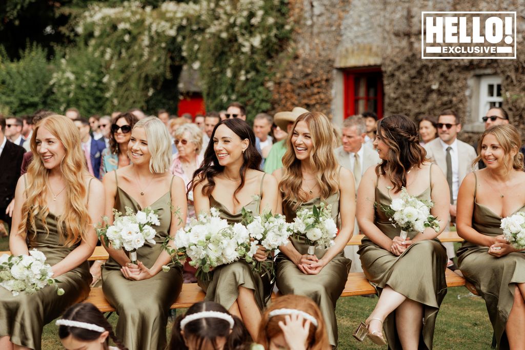 Faye Harris' bridesmaids in green dresses