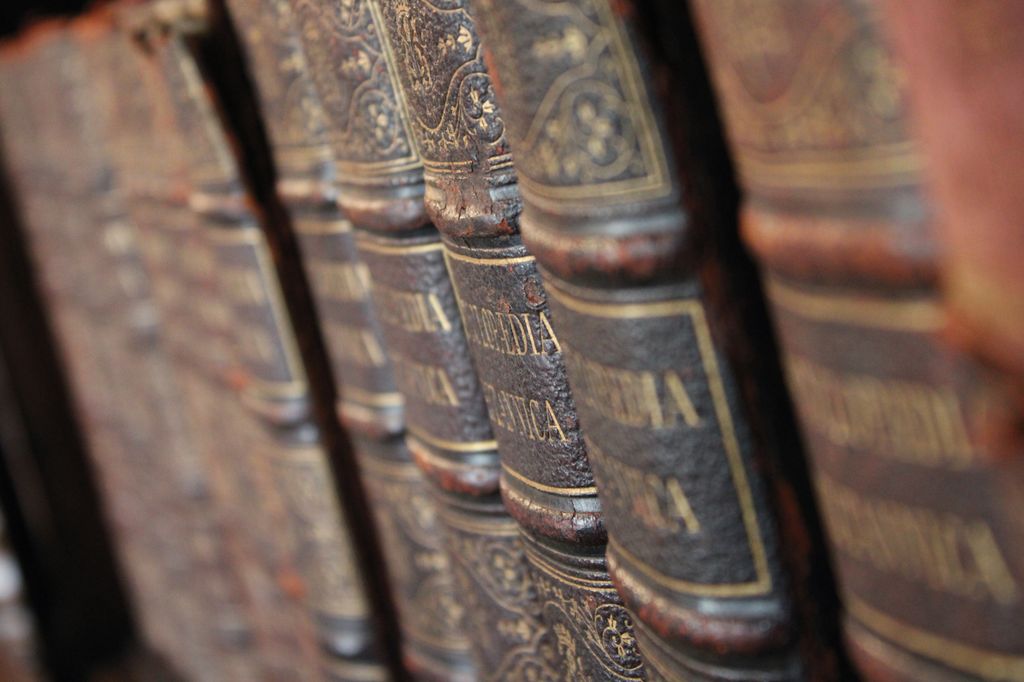 Close up detail of vintage, leather-bound Encyclopedia Britannica volumes, taken on April 24, 2018. (Photo by Rod Lawton/PhotoPlus Magazine/Future via Getty Images)