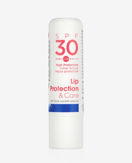 white lip balm tube with red and blue details