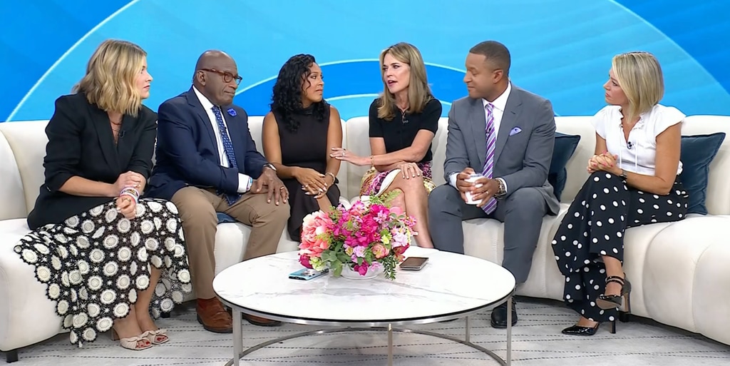 Sheinelle, Savannah, Jenna, Al, Craig, and Dylan sat on white sofa in TODAY studios