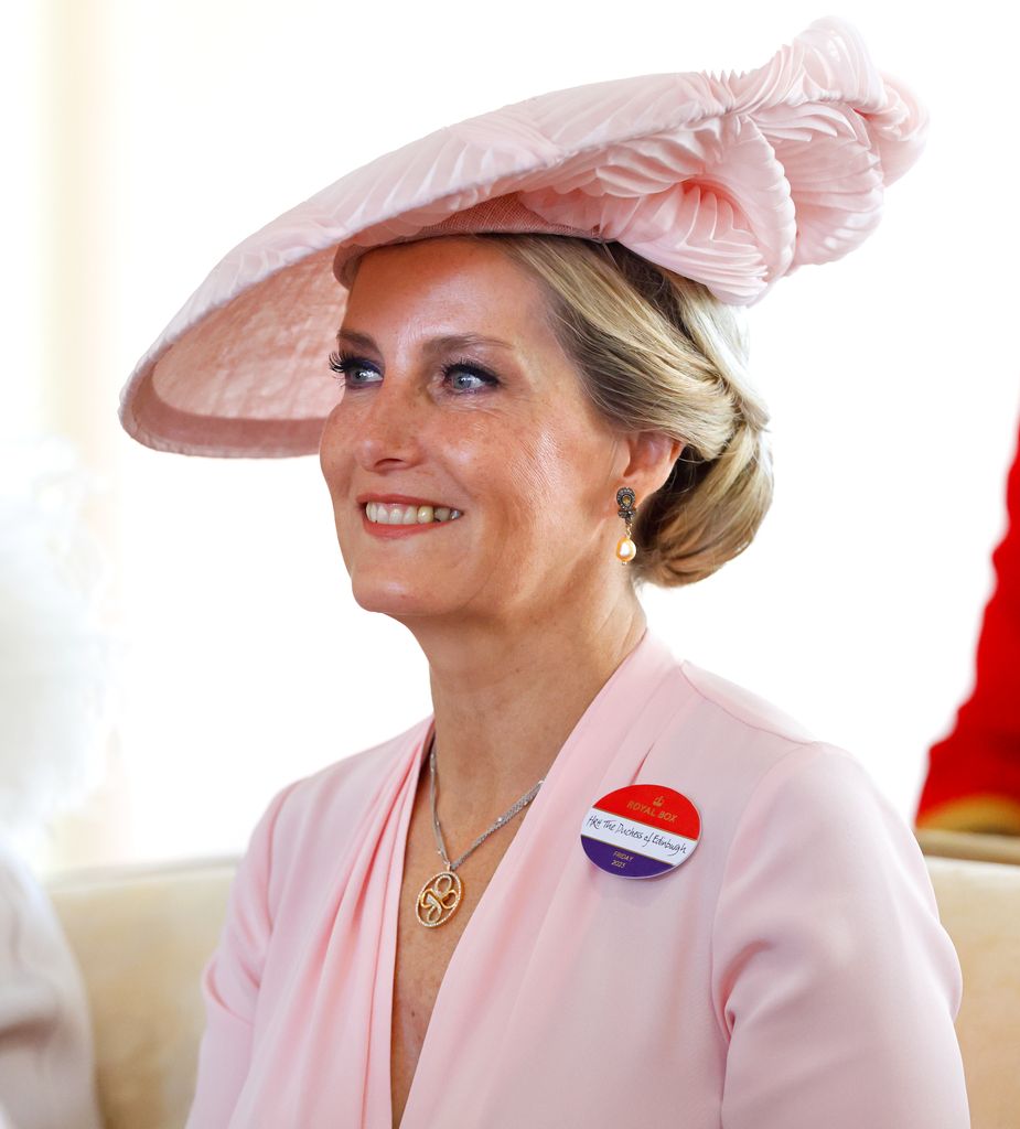 Sophie, Duchess of Edinburgh in pastel pink dress with matching hat
