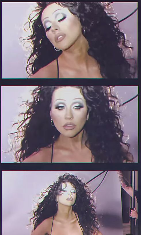 Three photos of Christina Aguilera with black hair