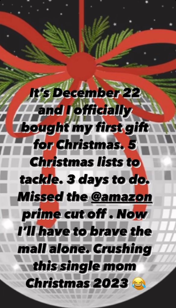 Photo shared by Tori Spelling to her Instagram Stories December 22, 2023 talking about tackling her first Christmas as a single mom to her five kids with Dean McDermott.