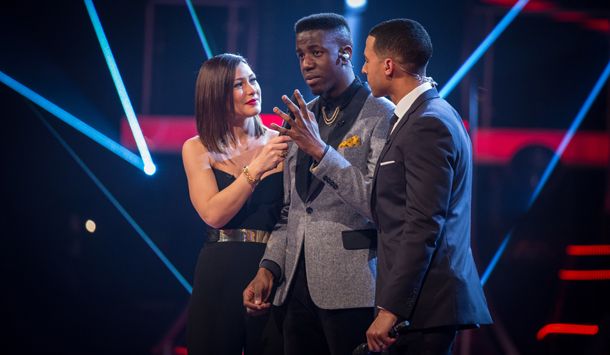 Jermain the winner with hosts Emma Willis and Marvin Humes