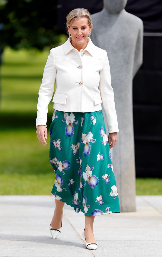 Sophie, Duchess of Edinburgh in white cropped jacket and green skirt