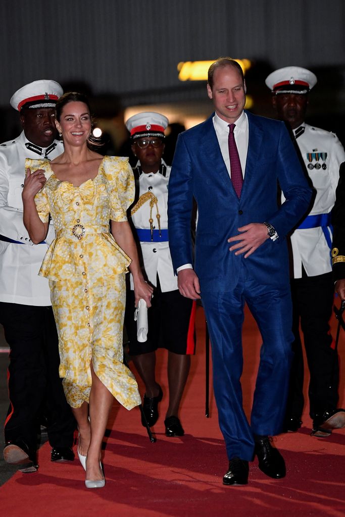 Catherine, Duchess of Cambridge and Prince William, Duke of Cambridge attend a departure ceremony at Lynden Pindling International Airport on March 26, 2022 in Nassau, Bahamas, at the end of their eight day tour. The Duke and Duchess of Cambridge have visited Belize, Jamaica and The Bahamas on behalf of Her Majesty The Queen on the occasion of the Platinum Jubilee.  (Photo by Toby Melville - Pool/Getty Images)