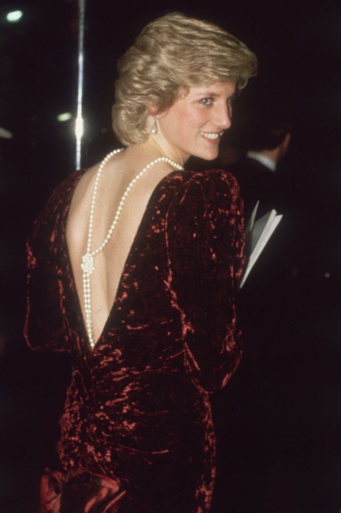 Princess Diana wears backless dress with pearl necklace
