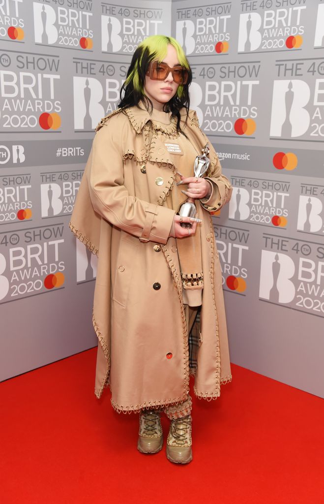 Billie Eilish, winner of the Best International Female Solo Artist award, poses in the winners' room at the 2020 BRIT Awards at the O2 Arena on February 18, 2020 in London, England.  (Photo by David M. Benett/Dave Benett/Getty Images)