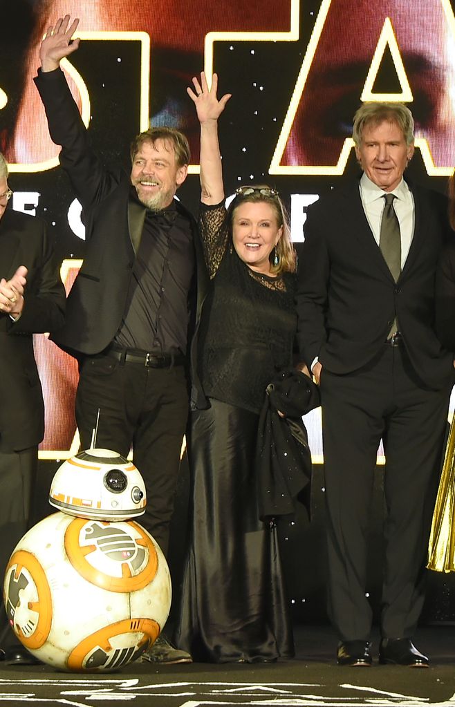 Mark Hamill, Carrie Fisher and Harrison Ford attend the European Premiere of "Star Wars: The Force Awakens" in Leicester Square on December 16, 2015 in London, England