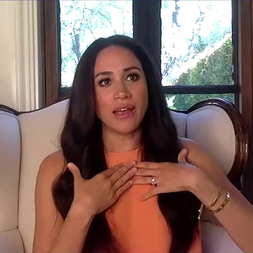 Meghan wears the Monica Vinader braclet on a video call at her home in Santa Barbara