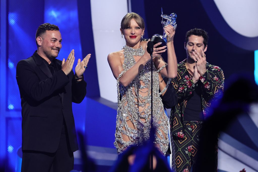 Taylor Swift accepts an award onstage at the 2022 MTV VMAs at Prudential Center on August 28, 2022 in Newark, New Jersey