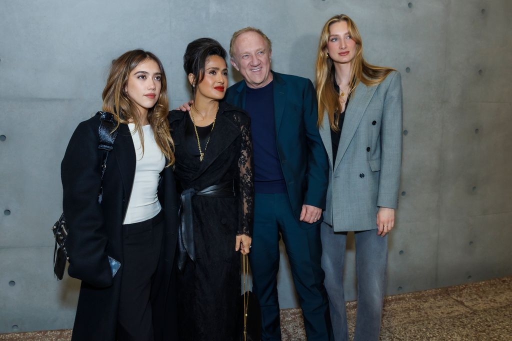 Valentina Paloma Pinault, Salma Hayek, François-Henri Pinault and Mathilde Pinault attend the "Corps Et Ames" Exhibition at Bourse De Commerce Pinault Collection on March 4, 2025 in Paris, France