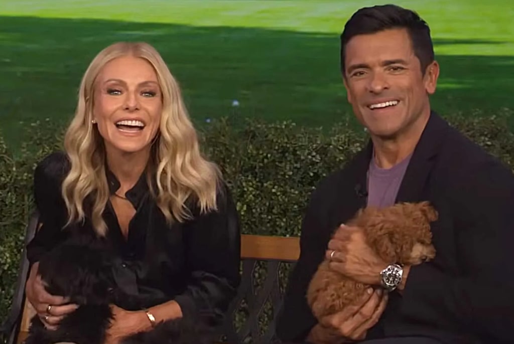 Kelly Ripa in black shirt and Mark Consuelos in blavk blazer holding puppies