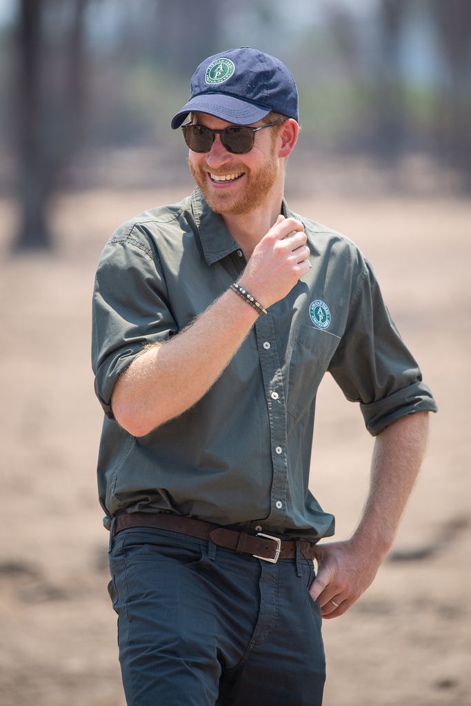 Prince Harry smiling and wearing African Parks cap in 2019