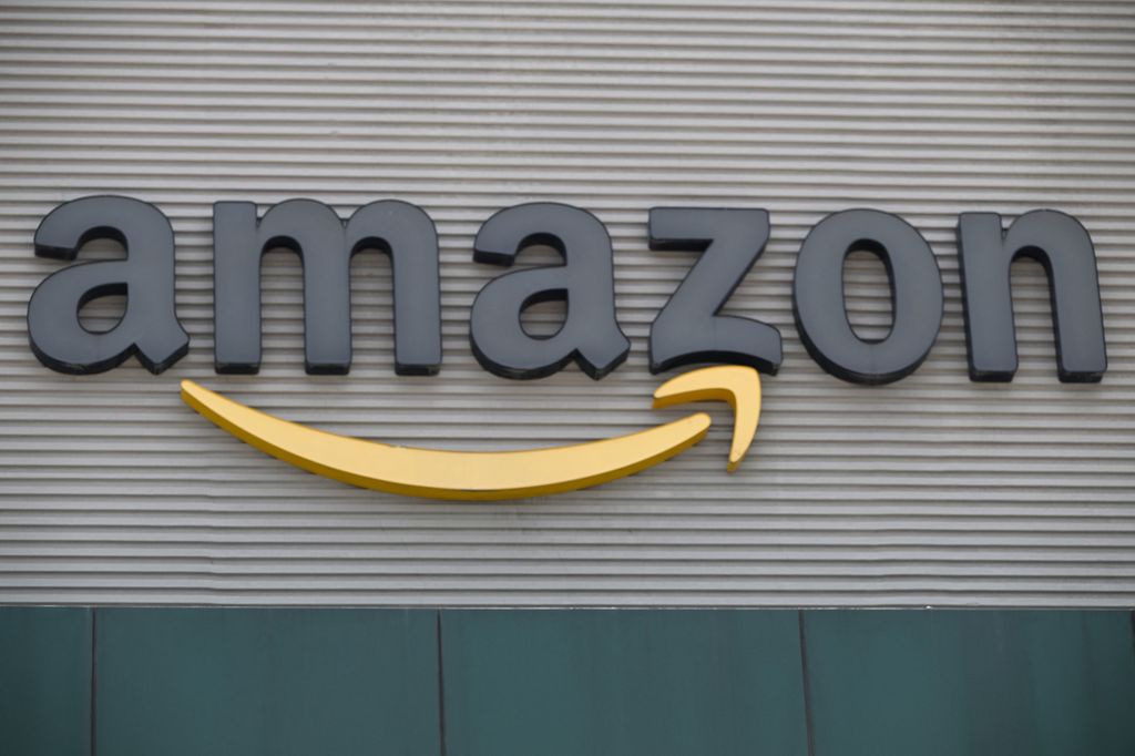 The logo of US online retail giant Amazon is pictured at Amazon Mex3 distribution center in Tepotzotlan, Mexico on May 22, 2025. 