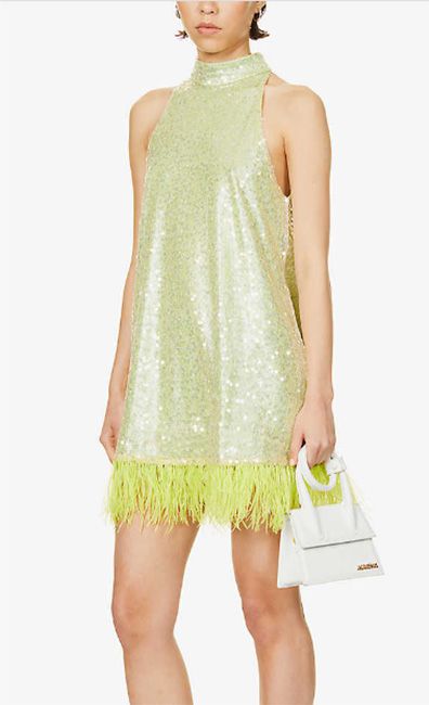 Lime sequin feather trimmed dress