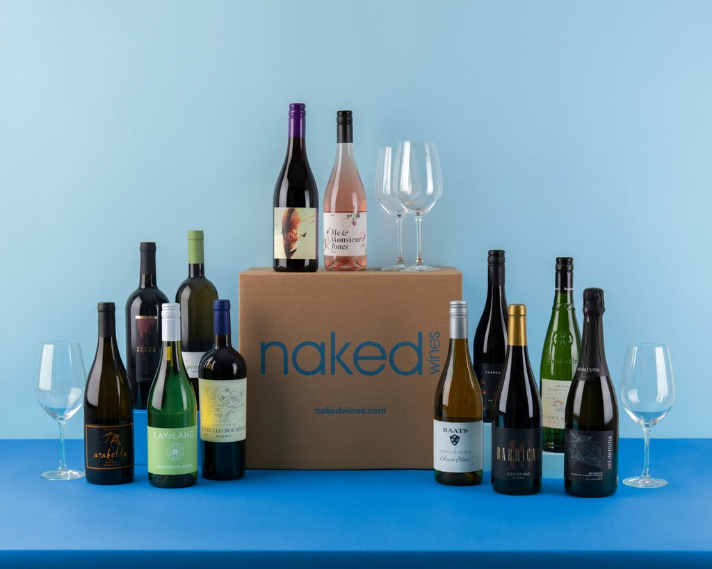 Naked Wines bottles and wine glasses around a box
