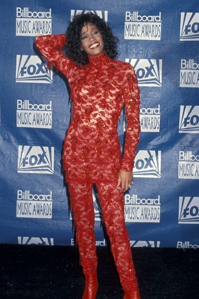 Whitney Houston wears red lace embellished outfit to the 1993 Billboard Music Awards in Universal City, California