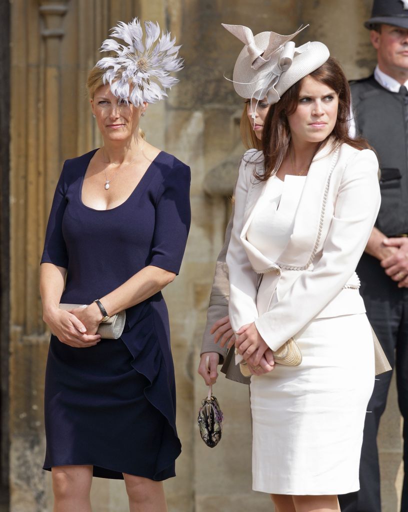 Sophie in navy and Princess Eugenie of York at church