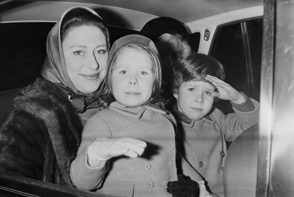 Princess Margaret in a car with Lady Sarah Chatto and David Armstrong-Jones