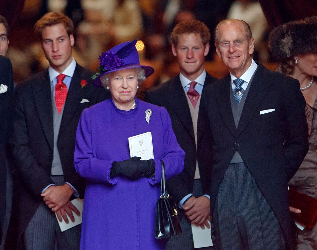 Prince William, Queen Elizabeth II, Prince Harry and Prince Philip, Duke of Edinburgh attend the wedding of Edward van Cutsem and Lady Tamara Grosvenor