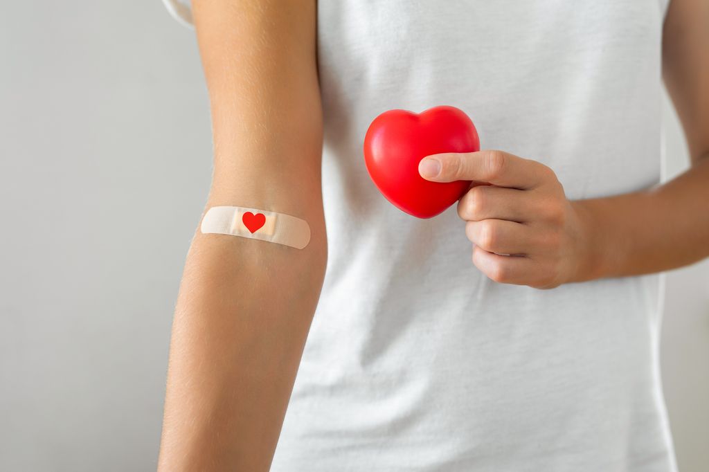 Woman holding red heart with a plaster on her arm after giving blood