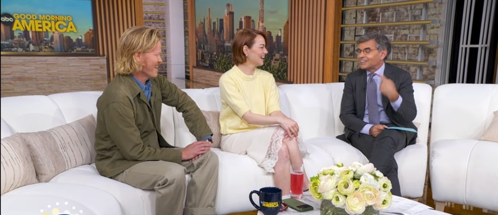 George Stephanopoulos talking to Emma Stone and Jesse Plemons