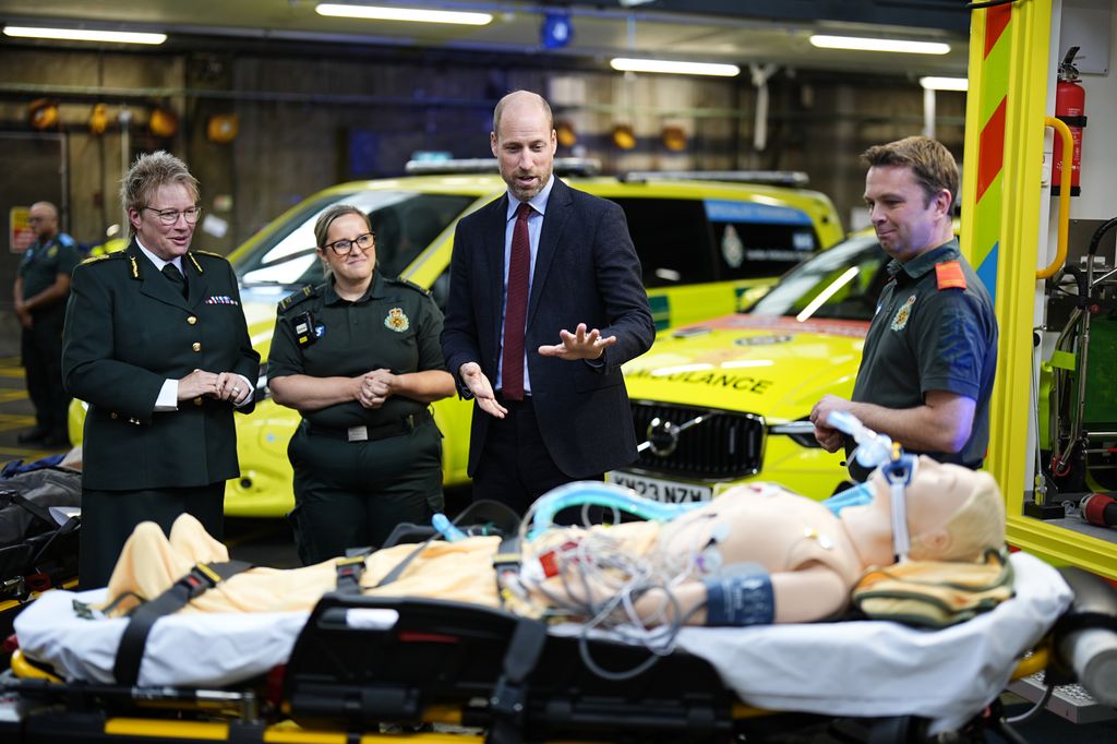 Prince William takes part in a training demonstration during a visit to the London Ambulance Service at its headquarters in Waterloo