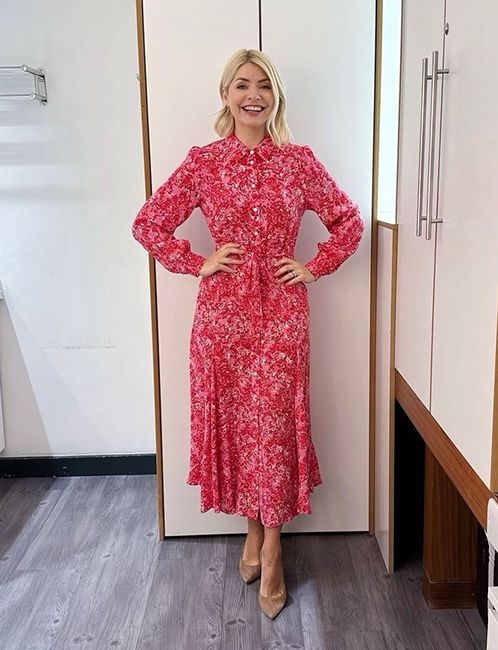 holly willoughby on this morning pink floral shirt dress