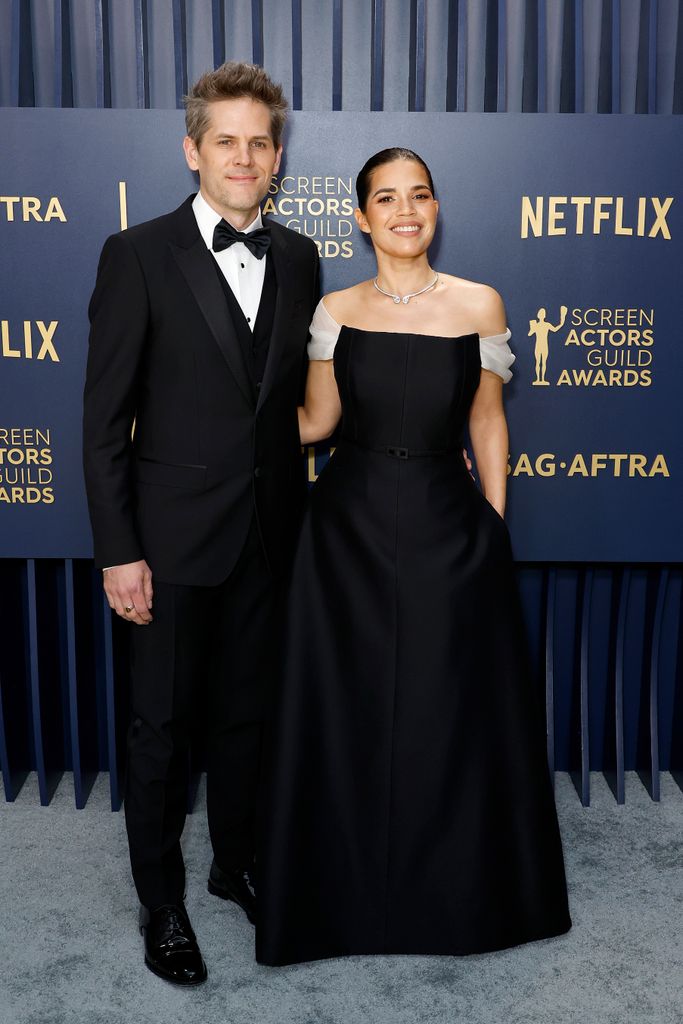Ryan Piers Williams and America Ferrera attend the 30th Annual Screen Actors Guild Awards at Shrine Auditorium and Expo Hall on February 24, 2024 in Los Angeles, California.