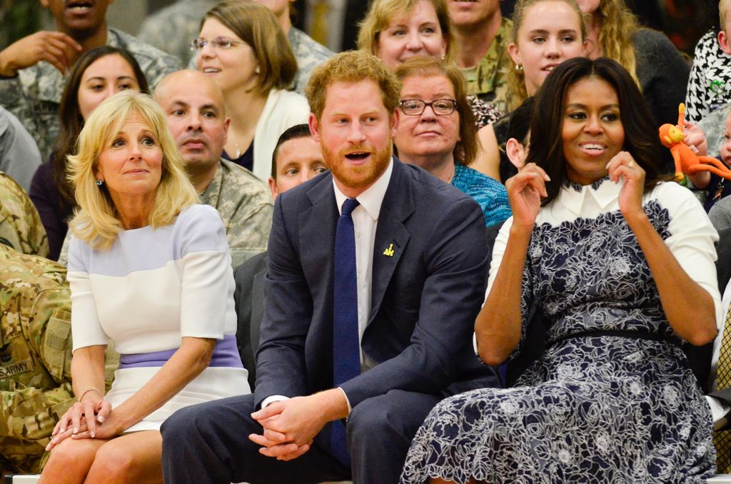 Doctor Jill Biden, Prince Harry and First Lady Michelle Obama watch during the Invictus Games 2016 