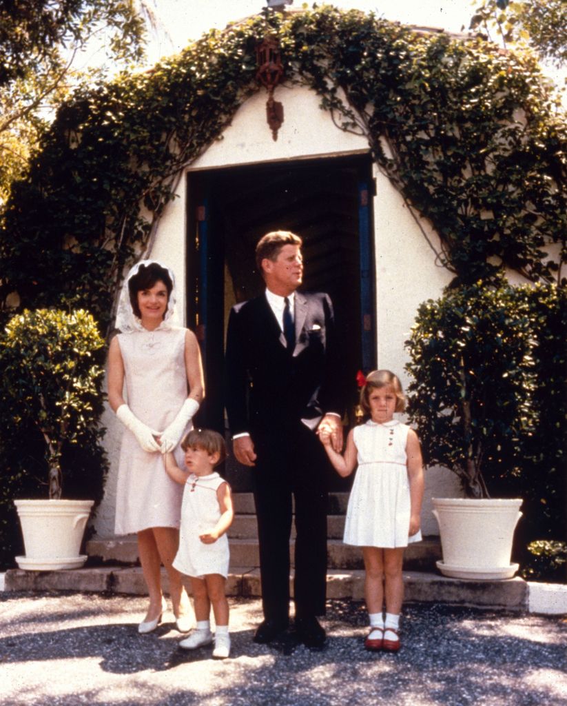 14th April 1963:  John Fitzgerald Kennedy (1917 - 1963), the 35th President of the United States, with his wife Jacqueline (1929 - 1994) and their children Caroline and John Jnr (1960 - 1999) on Easter Sunday at Palm Beach, Miami, Florida.  (Photo by MPI/Getty Images)